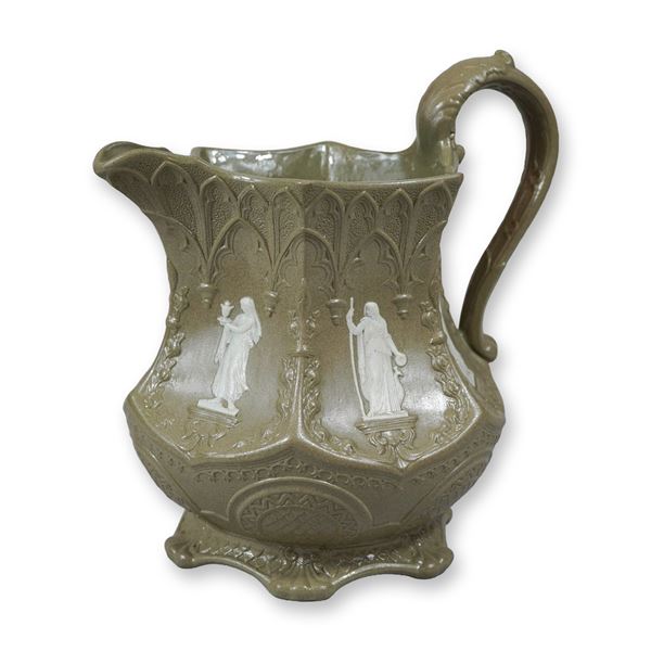 Wedgwood Gothic Style Drabware Pitcher with Classical Applied White Reliefs