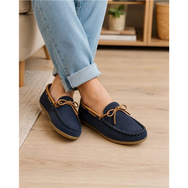 Eugene Cloutier Navy Blue Leather Moccasins