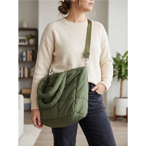 Green Quilted Duffel Bag with Strap