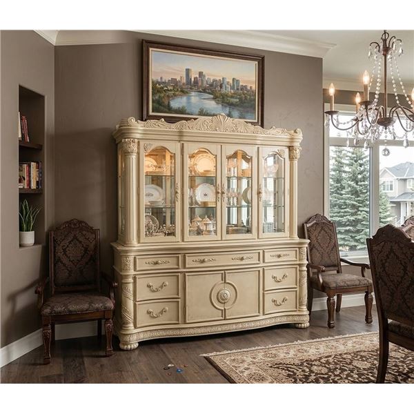 Cream-Colored Carved China Cabinet and Buffet