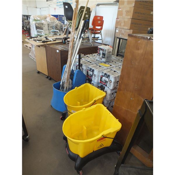 3 Mop Pails w/ Assorted Broom / Mop Handles