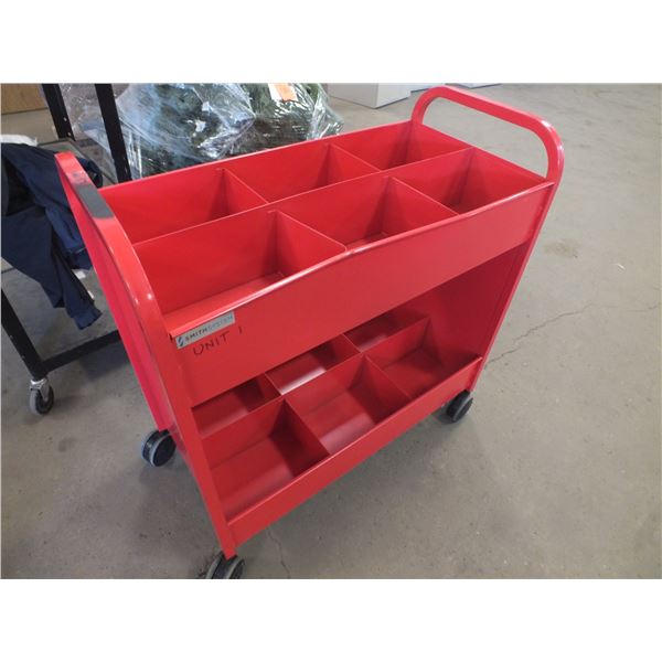Red Metal Tool Cart On Wheels
