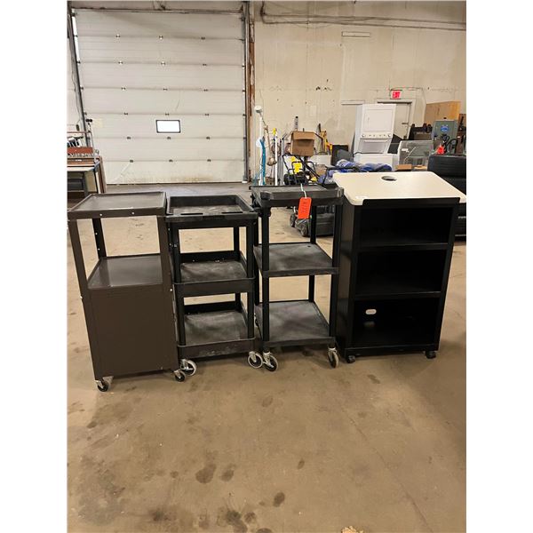 3 Black Carts On Wheels & 1 Podium
