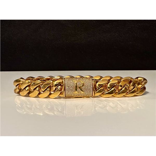 Sparkling 14 Kt Gold Plate 65.5 Grams Monogramed Initial "R" Curb Link Bracelet