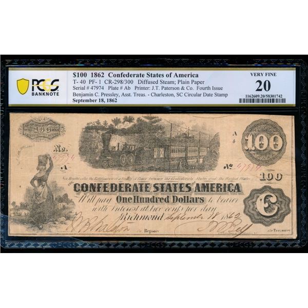 1862 $100 T-40 Confederate PCGS 20
