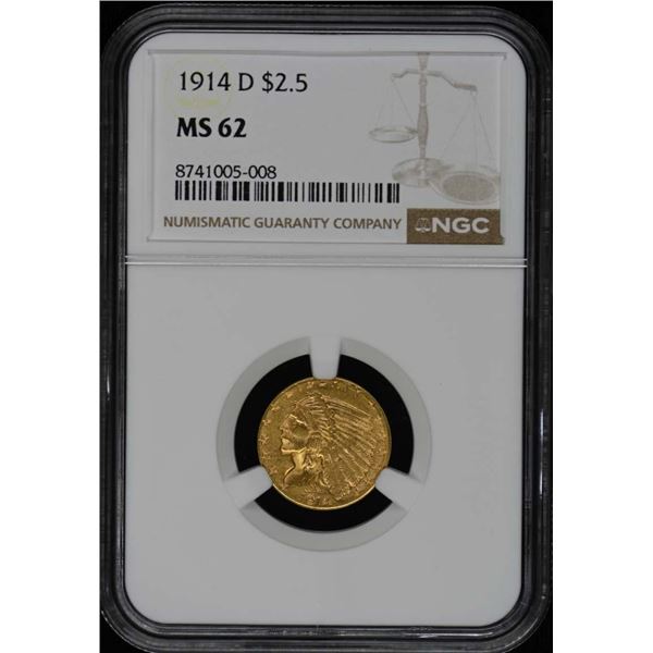 1914-D $2.5 Indian Quarter Eagle NGC MS62