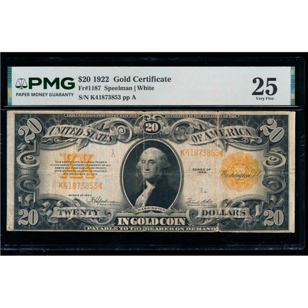 1922 $20 Gold Certificate PMG 25
