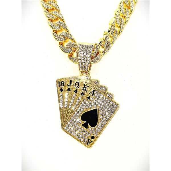 Huge 151.4 Gram 18 Kt Gold Plate Royal Flush Pendant Necklace