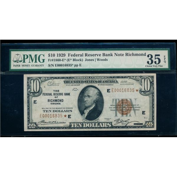 1929 $10 STAR Richmond FRBN PMG 35EPQ
