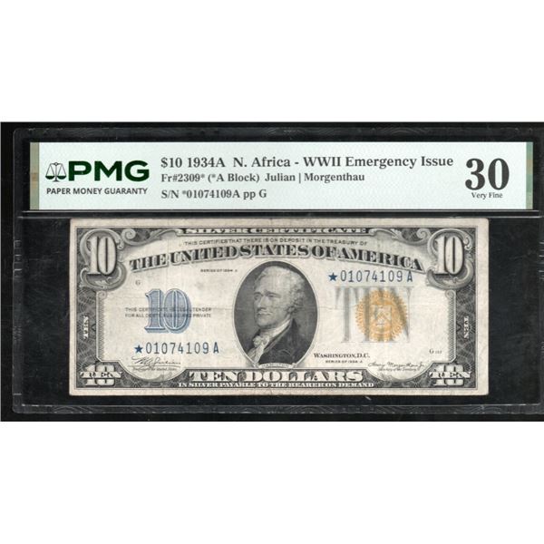 1934A $10 STAR N Africa Silver Certificate PMG 30
