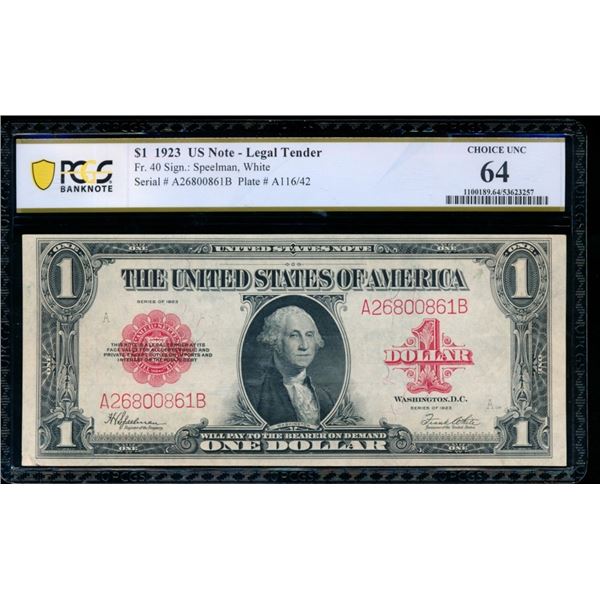 1923 $1 Legal Tender Note PCGS 64
