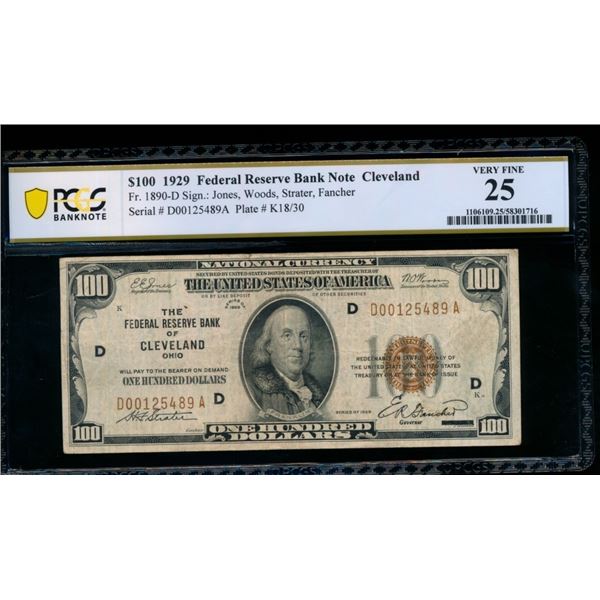 1929 $100 Cleveland FRBN PCGS 25