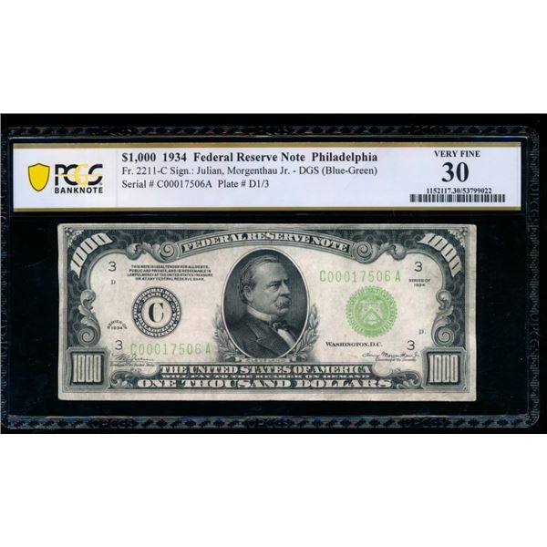 1934 $1000 Philadelphia FRN PCGS 30