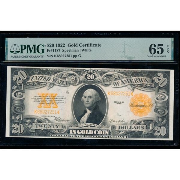 1922 $20 Gold Certificate PMG 65EPQ