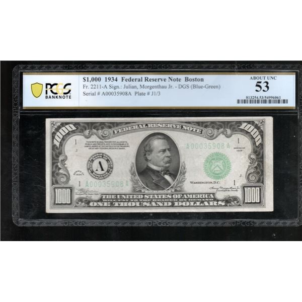 1934A $1000 Boston FRN PCGS 53