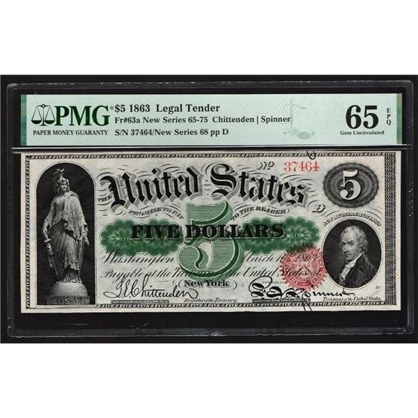 1863 $5 Legal Tender Note PMG 65EPQ