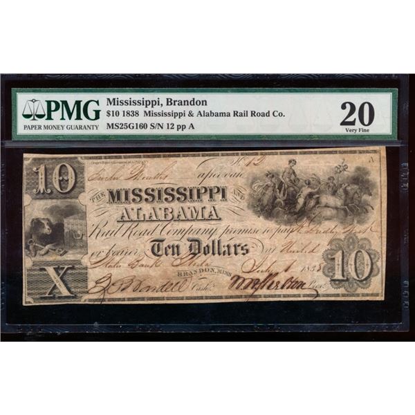 1838 $10 Brandon MS Obsolete PMG 20
