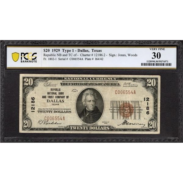 1929 $20 Dallas TX National PCGS 30