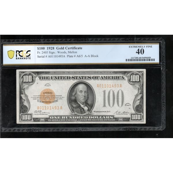 1928 $100 Gold Certificate PCGS 40