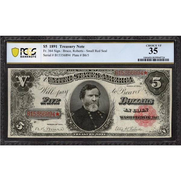 1891 $5 Treasury Note PCGS 35