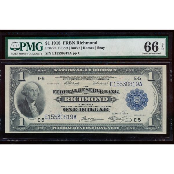1918 $1 Richmond FRBN PMG 66EPQ