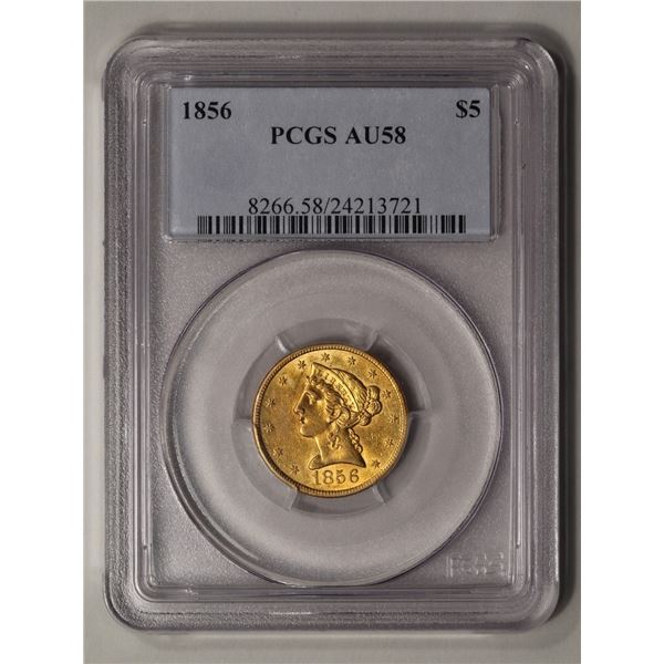 1856 $5 Liberty Head Half Eagle Gold Coin PCGS AU58
