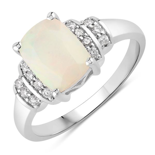 Plated Rhodium 1.0ct Ethiopian Opal and Lab Diamond Ring