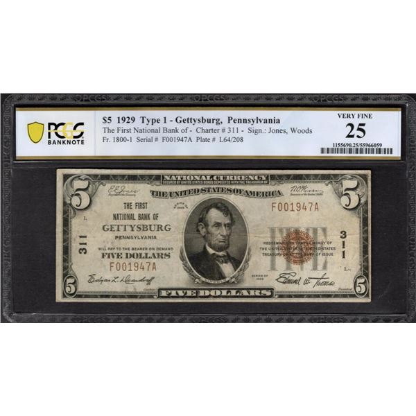 1929 $5 Gettysburg PA National PCGS 25