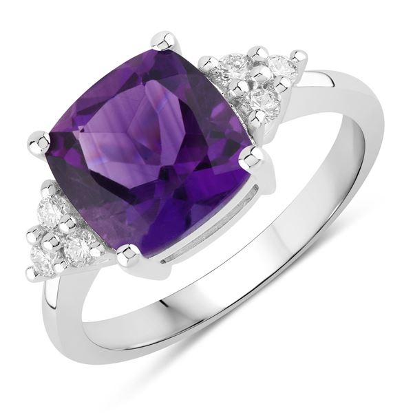 Plated Rhodium 2.60ct Amethyst and Lab Diamond Ring