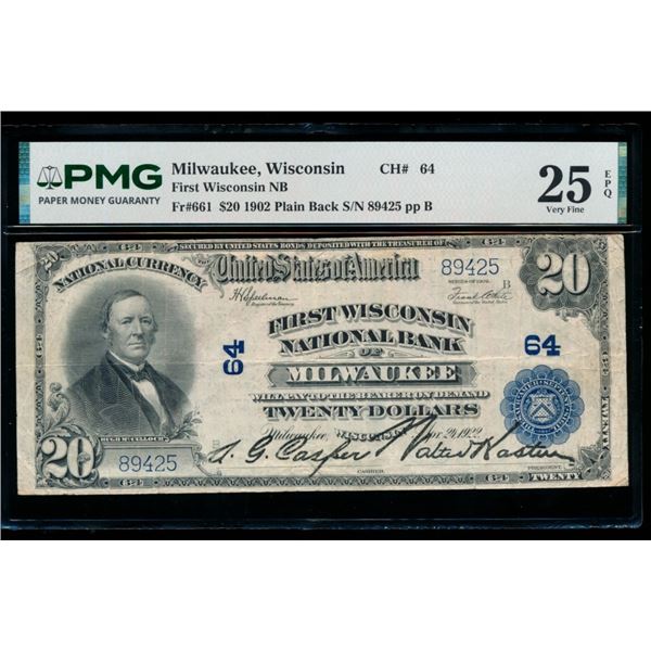 1902 $20 Milwaukee WI National PMG 25EPQ