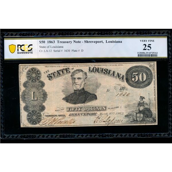 1863 $50 Shreveport LA Obsolete PCGS 25