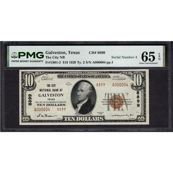 1929 $10 Serial 4 Galveston TX National PMG 65EPQ