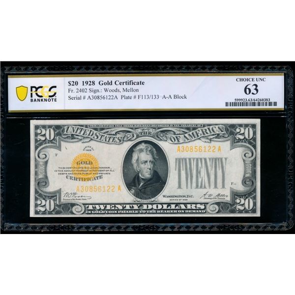1928 $20 Gold Certificate PCGS 63