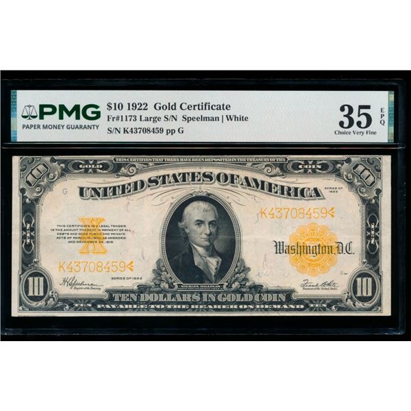 1922 $10 Gold Certificate PMG 35EPQ