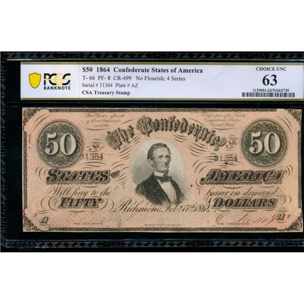 1864 $50 T-66 Confederate PCGS 63