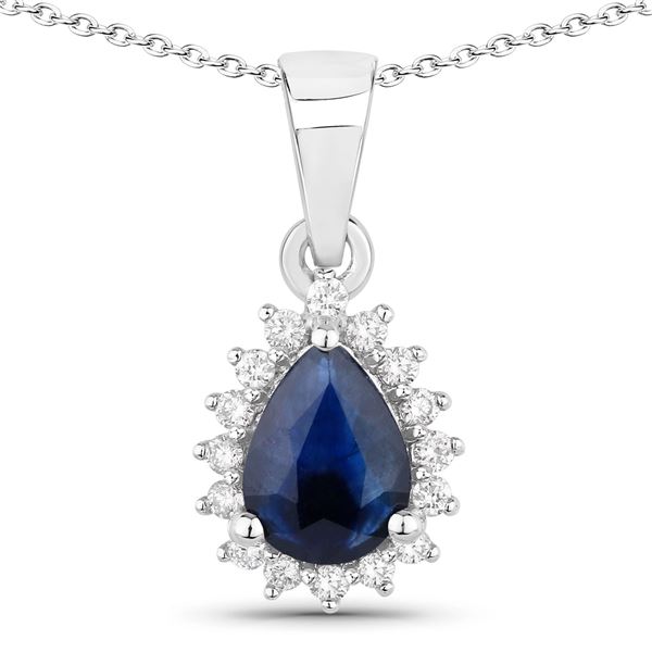Plated Rhodium 0.80ct Blue Sapphire and Lab Diamond Pendant with Chain