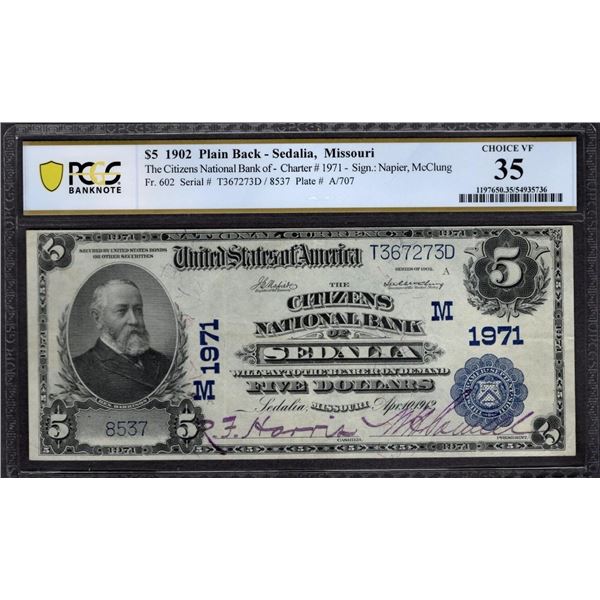 1902 $5 Sedalia MO National PCGS 35