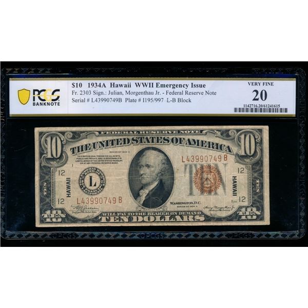 1934A $10 Hawaii FRN PCGS 20