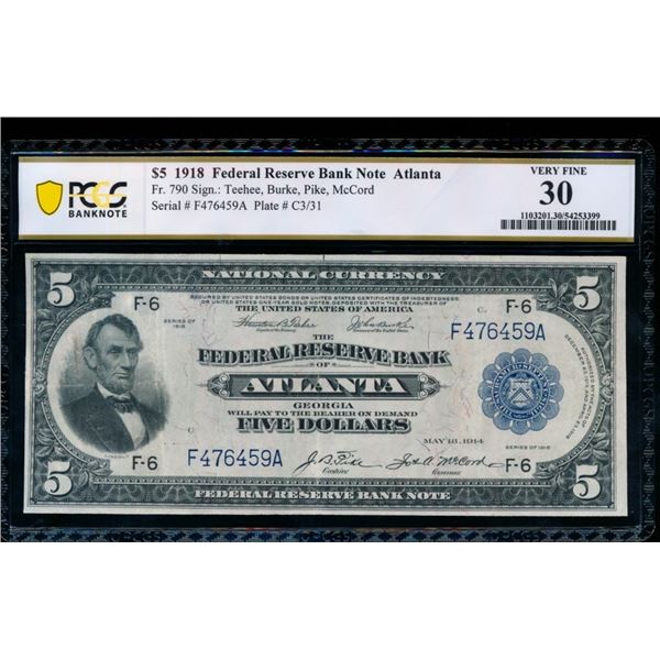1918 $5 Atlanta FRBN PCGS 30