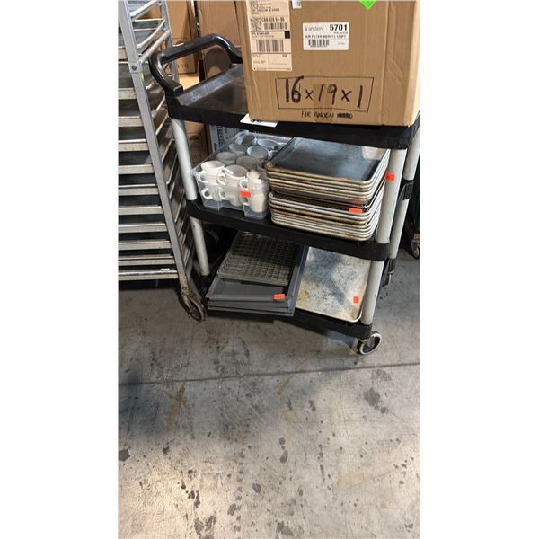 ROLLING PLASTIC 3-TIER CART, ALUMINUM SHEET PANS, WIRE RACKS, CERAMIC MUGS