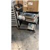 Image 1 : ROLLING PLASTIC 3-TIER CART, ALUMINUM SHEET PANS, WIRE RACKS, CERAMIC MUGS