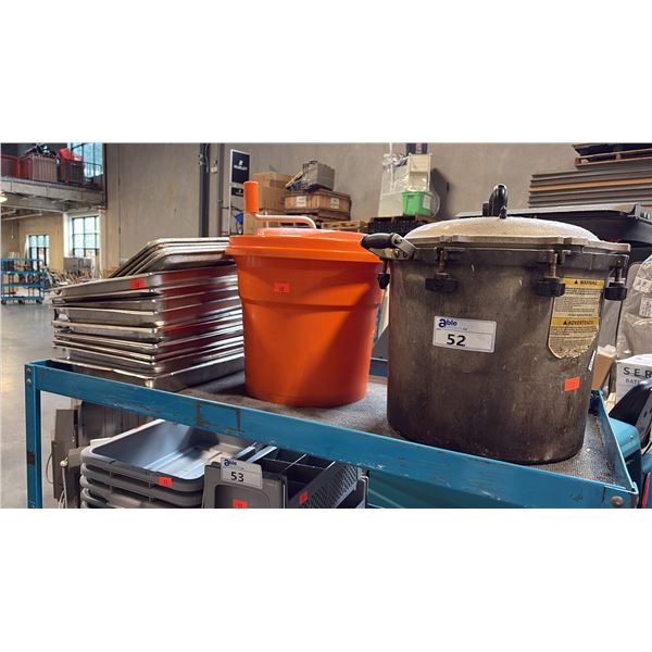 COMMERCIAL CAST ALUMINUM PRESSURE CANNER, ORANGE MANUAL SALAD SPINNER, STAINLESS STEEL MISC PANS