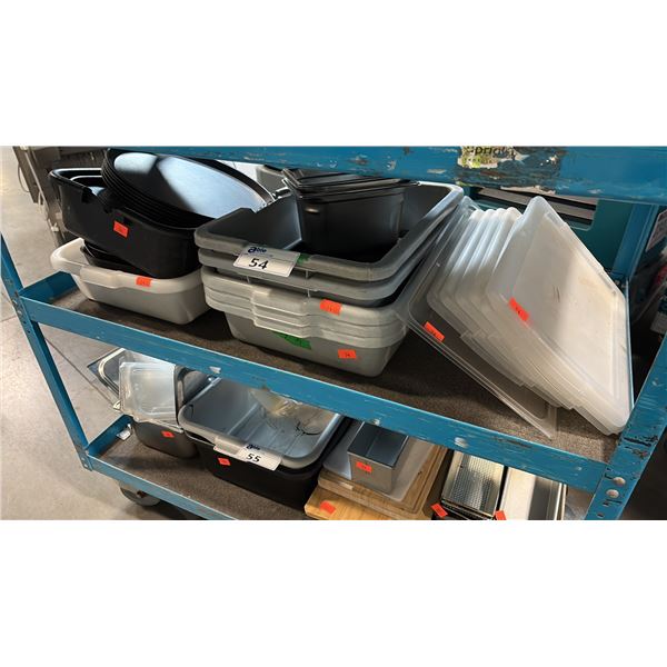 GREY BUS TUBS, STAINLESS PANS, PLASTIC FOOD STORAGE BOXES, SERVING TRAYS