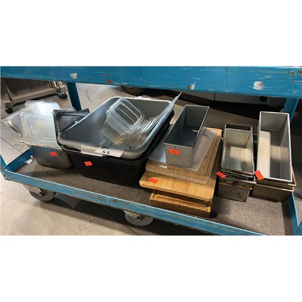 WOODEN CUTTING BOARDS, STAINLESS PANS, METAL LOAF PANS