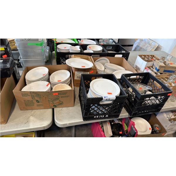 WHITE/OFF-WHITE CERAMIC PLATES, SOUP BOWLS, COFFEE MUGS, GLASS BEVERAGE PITCHER