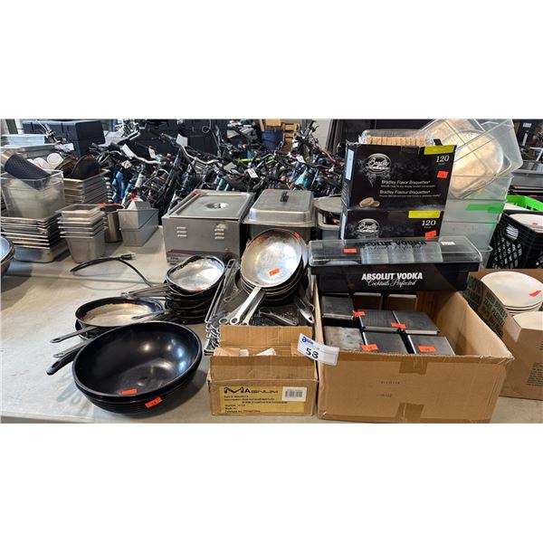 BLACK WOK, STAINLESS FRYING SKILLETS, SAUCEPANS, WIRE RACKS, LOAF PANS
