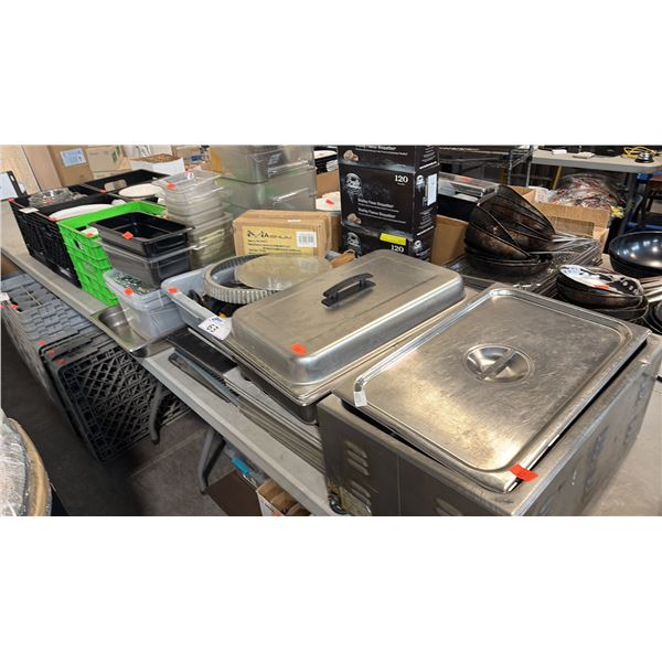 STAINLESS STEEL HOTEL PANS WITH LIDS, PLASTIC FOOD INSERTS, BRADLEY SMOKER BISQUETTES, WEISER LOCK