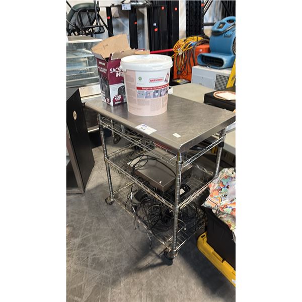 COMMERCIAL STAINLESS STEEL MOBILE UTILITY CART, WIRE SHELVING, RATIONAL TABLETS, SCALE AND MORE