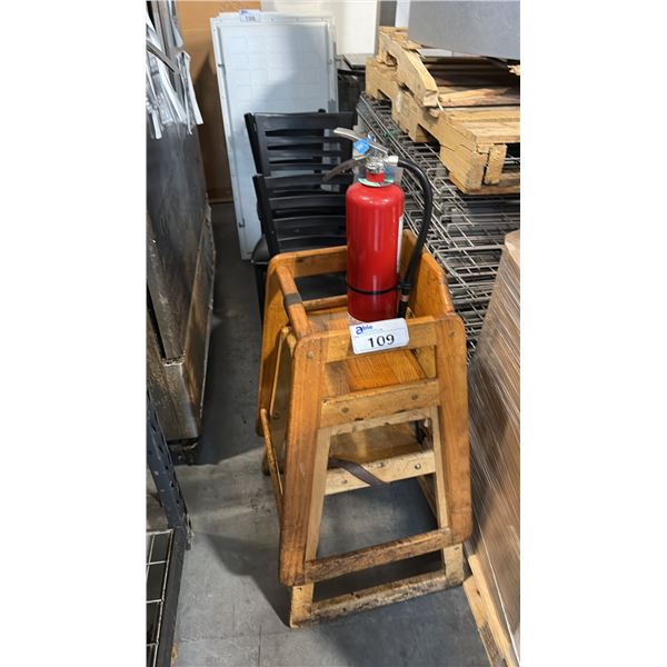 COMMERCIAL RESTAURANT SEATING ASSORTMENT, 3 BLACK LADDER BACK DINING CHAIRS, 2 WOODEN HIGH CHAIRS