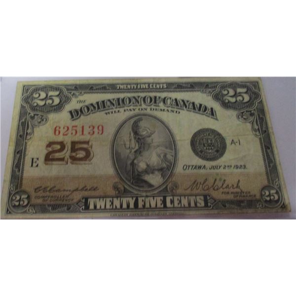 1923 DOMINION OF CANADA 25 CENT SHIN PLASTER